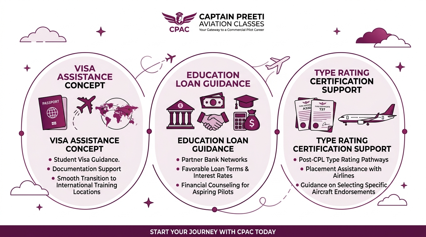 Visa, loan and type rating support guidance visual for pilot students