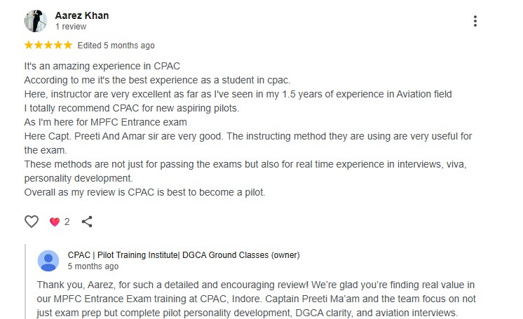 Google review screenshot from Aarez Khan for CPAC aviation classes