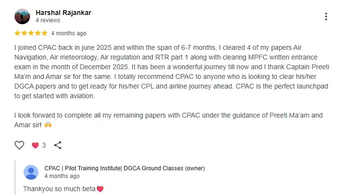Google review screenshot from Harshal Rajankar about clearing DGCA papers at CPAC