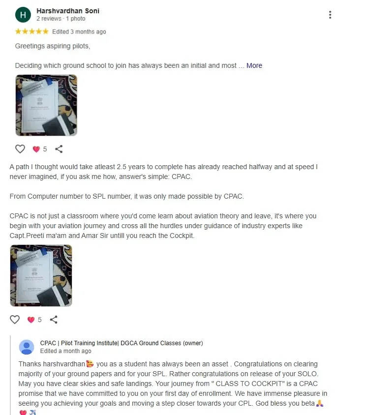 Google review screenshot from Harshvardhan Soni for CPAC pilot training support