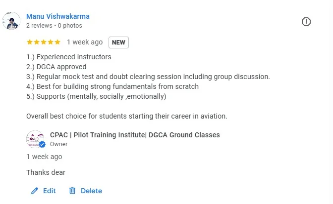 Google review screenshot from Manu Vishwakarma for CPAC DGCA preparation