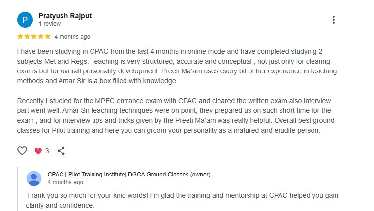 Google review screenshot from Pratyush Rajput for CPAC online DGCA classes