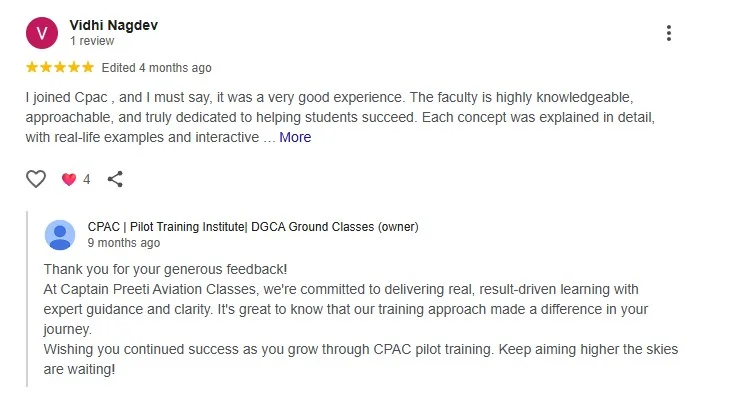 Google review screenshot from Vidhi Nagdev for CPAC pilot training classes